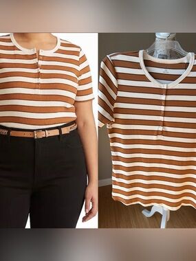 Universal Standard Plus Size Henley Short Sleeve Ribbed Tee Baker Street Stripe